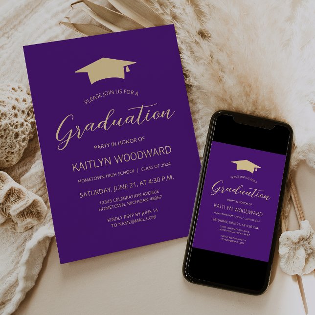 2025 Purple Gold Cap Modern Graduation Party Invitation (Creator Uploaded)