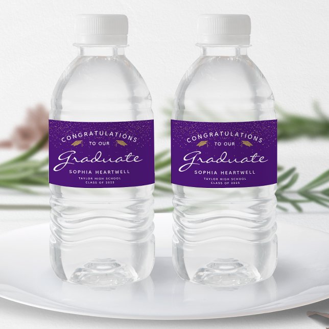 2025 Purple Gold Cap White Script Graduation Water Bottle Label (Creator Uploaded)