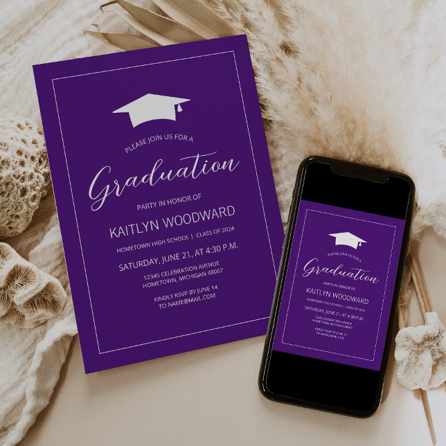 2025 Purple White Cap Modern Graduation Party Invitation (Creator Uploaded)