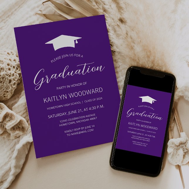 2025 Purple White Cap Modern Graduation Party Invitation (Creator Uploaded)