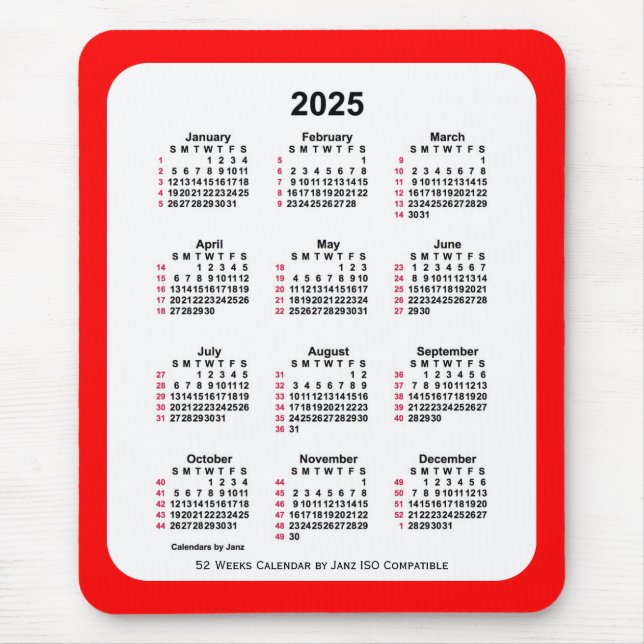 2025 Red 52 Weeks ISO Calendar by Janz Two Tone Mouse Pad (Front)