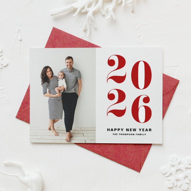 2025 Red Bold Typography New Year Photo Holiday Card (Customizable Happy New Year Photo Card featuring 2026 in red retro bold typography.)