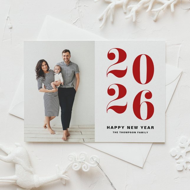 2025 Red Bold Typography New Year Photo Holiday Postcard (Customizable Happy New Year Photo Postcard featuring 2026 in red retro bold typography.)
