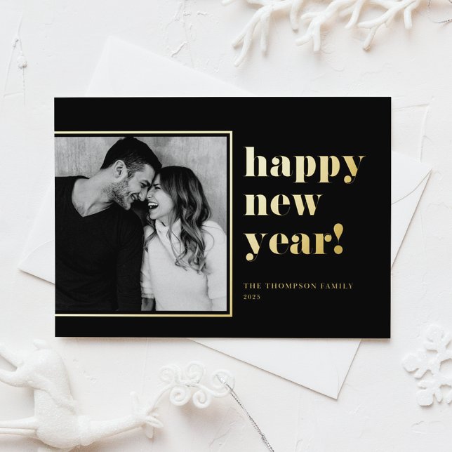 2025 Retro Bold Typography Black Happy New Year (Customizable gold foil photo New Year card)