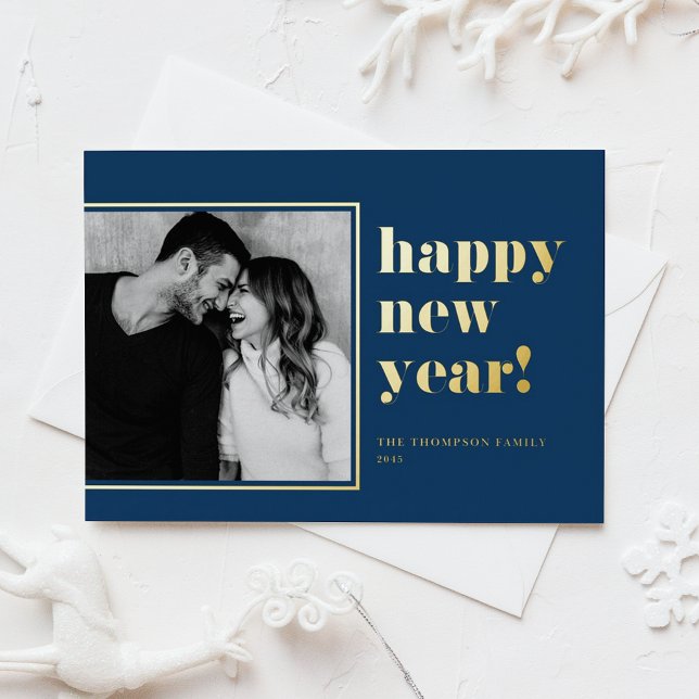 2025 Retro Bold Typography Blue Happy New Year (Customizable Modern Navy Blue Photo Happy New Year Card in gold foil)