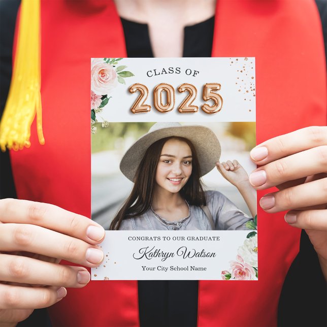 2025 Rose Gold Balloon Floral Photo Graduation Announcement (Creator Uploaded)