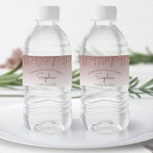 2025 Rose Gold Glitter Drip Graduation Party Water Bottle Label