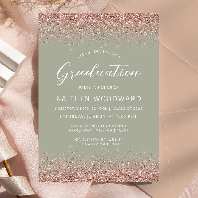 2025 Sage Green Rose Gold Glitter Graduation Party Invitation (Creator Uploaded)