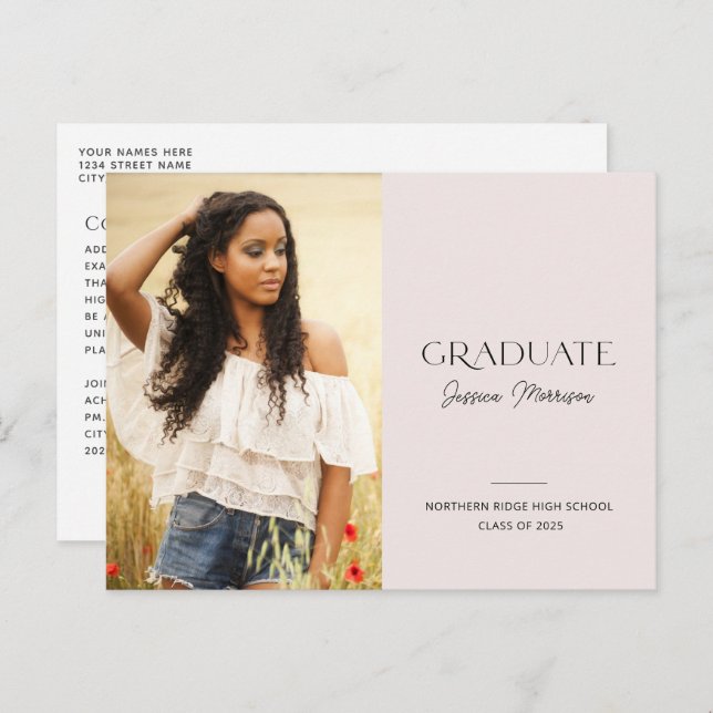 2025 Simple Modern Blush Pink 1-Photo Graduation Postcard (Front/Back)