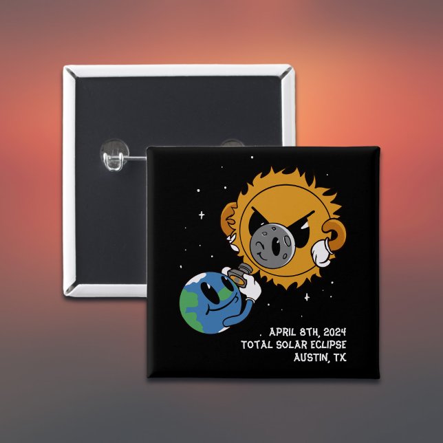  2025 Solar Eclipse Photobomb Personalised 15 Cm Square Badge (Customize your city/state: all text is editable, edit as required)