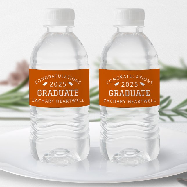 2025 Sporty Burnt Orange White Graduation Water Bottle Label (Creator Uploaded)
