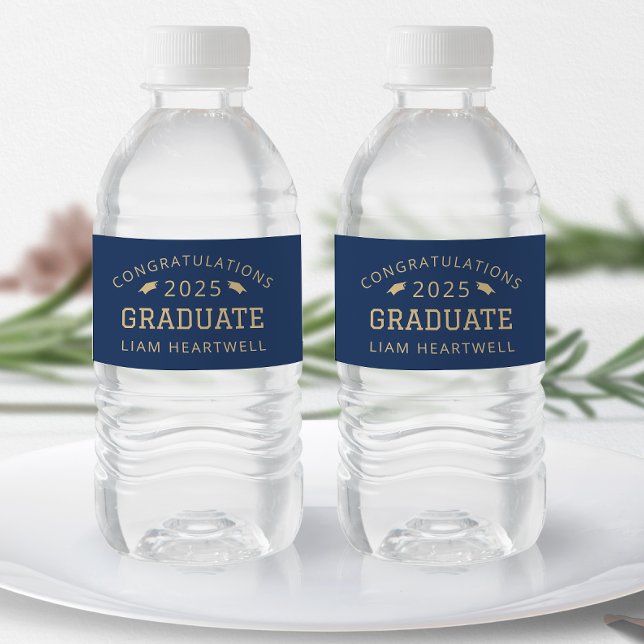 2025 Sporty Navy Blue Gold Graduation Water Bottle Label (Creator Uploaded)