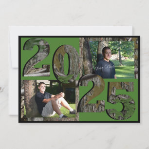 2025 Tree Camo Graduation Twin Photo Green Invitation