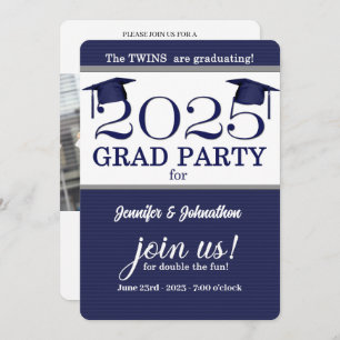 2025 Twin Graduate Blue Pinstripe Photo Graduation Invitation