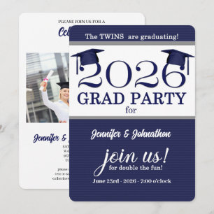 2025 Twin Graduate Blue Pinstripe Photo Graduation Invitation