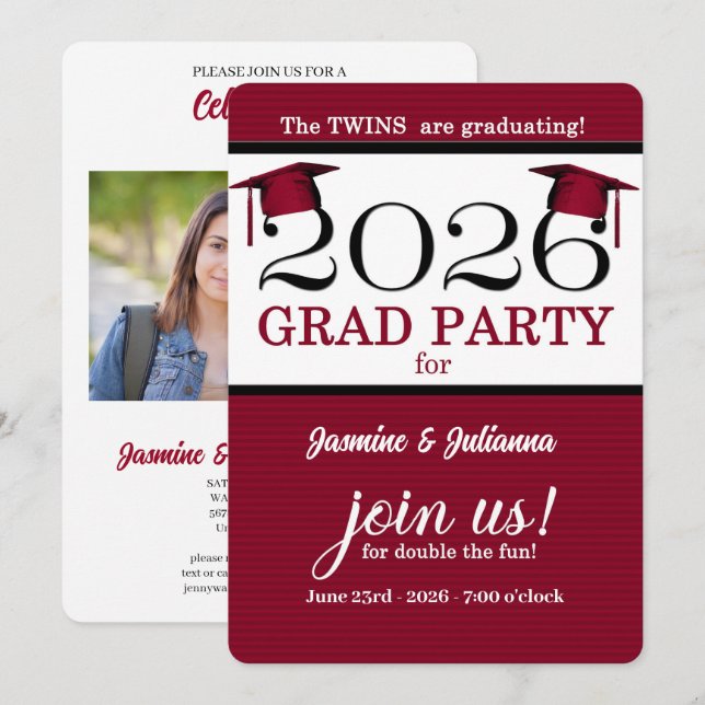 2025 Twin Graduate Red Pinstripe Photo Graduation Invitation (Front/Back)