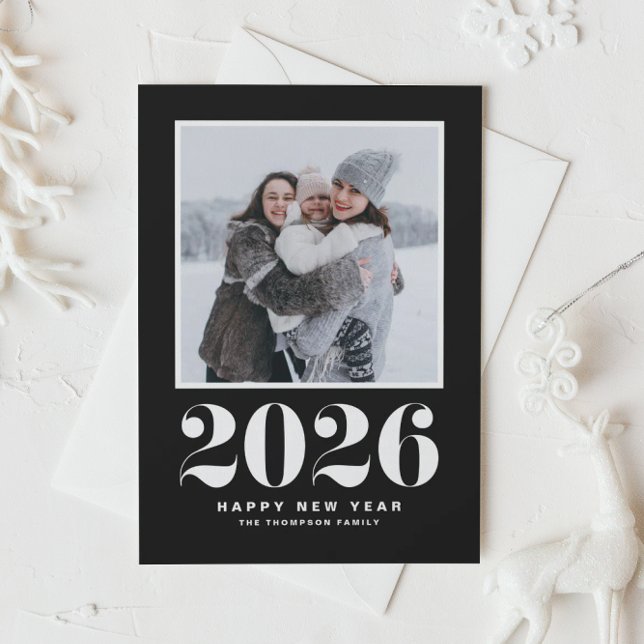 2025 Typography Black Happy New Year Photo (Ring in 2026 with a stylish retro flair using this black and white Happy New Year photo card.)