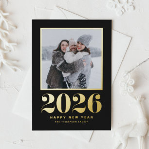 2025 Typography Black Happy New Year Photo Foil Holiday Postcard