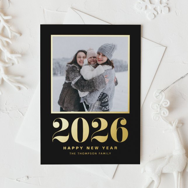 2025 Typography Black Happy New Year Photo Foil Holiday Postcard (Welcome 2026 with this gold foil New Year photo postcard featuring a black background.)