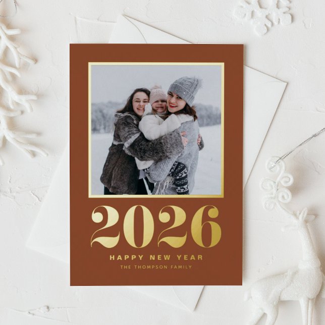 2025 Typography Terracotta Happy New Year Photo (Welcome 2026 with this gold foil New Year photo card featuring a terracotta background.)