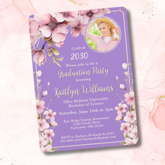 2025 Watercolor Pink Floral Photo Graduation Party Invitation (Creator Uploaded)
