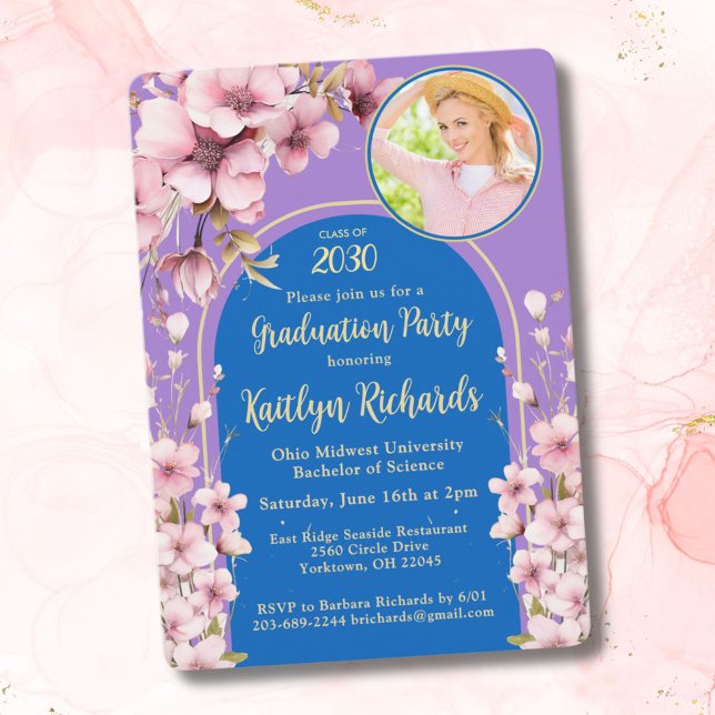 2025 Watercolor Pink Floral Photo Graduation Party Invitation (Creator Uploaded)