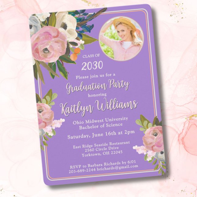2025 Watercolor Pink Floral Photo Graduation Party Invitation (Creator Uploaded)