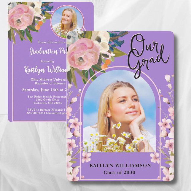 2025 Watercolor Pink Floral Photo Graduation Party Invitation (Creator Uploaded)