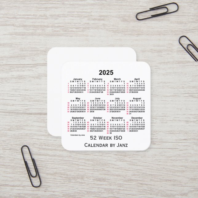2025 White 52 Week ISO Calendar by Janz Square Business Card (Front/Back In Situ)