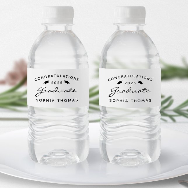 2025 White Black Script Cap Graduation Water Bottle Label (Creator Uploaded)