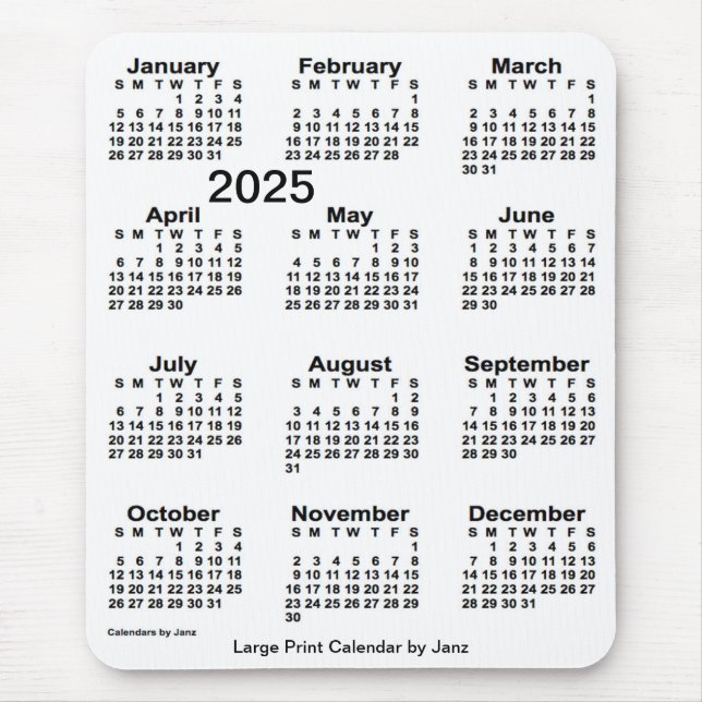 2025 White Large Print Calendar by Janz Mouse Pad (Front)