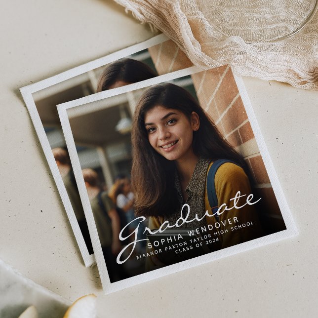 2025 White Script Photo Graduation Party Napkin (Creator Uploaded)
