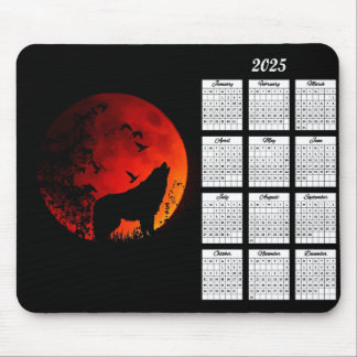 2025 Wolf Silhouette and Blood Moon Calendar Mouse Pad