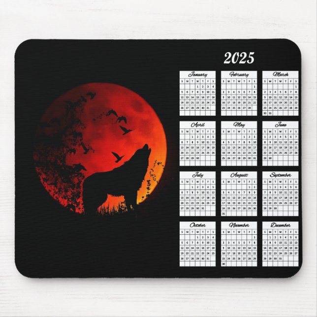 2025 Wolf Silhouette and Blood Moon Calendar Mouse Pad (Front)