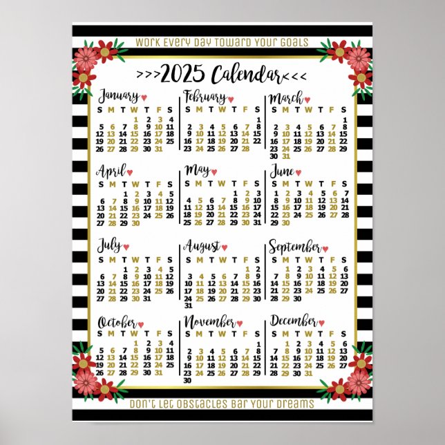 2025 Year Calendar Floral Stripes | Custom Text Poster (Front)