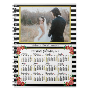 2025 Year Calendar Preppy Floral Stripes Photo Notebook
