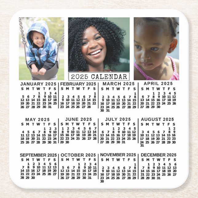 2025 Year Calendar White | 3 Photo Collage Custom Square Paper Coaster (Front)