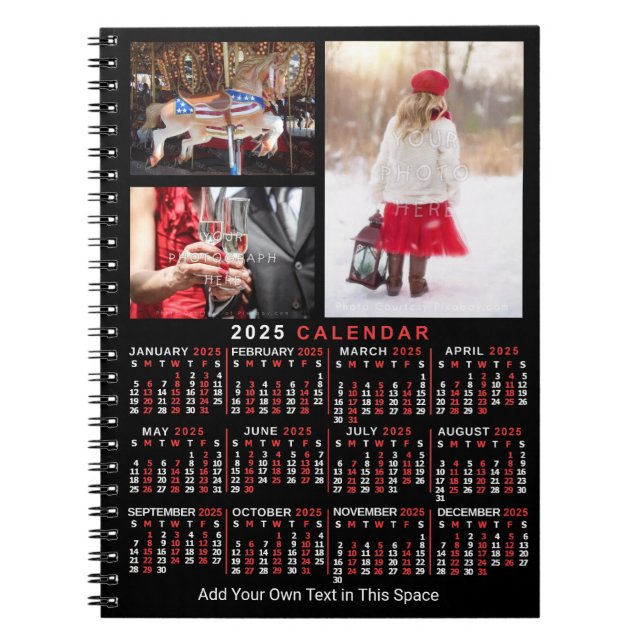 2025 Year Monthly Calendar Black Custom 3 Photos Notebook (Front)