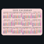 2025 Year Monthly Calendar Blush Pink Colourful Magnet<br><div class="desc">This 2025 year monthly calendar flexible magnet shows the days of the week for each month in bright colours. Each daily column is a different colour, making it easier to read. Behind the rainbow of colours, the magnet is a light blush pink - but you can customise the background to...</div>