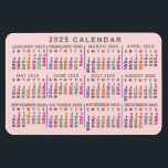 2025 Year Monthly Calendar Blush Pink Colourful Magnet<br><div class="desc">This 2025 year monthly calendar flexible magnet shows the days of the week for each month in bright colours. Each daily column is a different colour, making it easier to read. Behind the rainbow of colours, the magnet is a light blush pink - but you can customise the background to...</div>