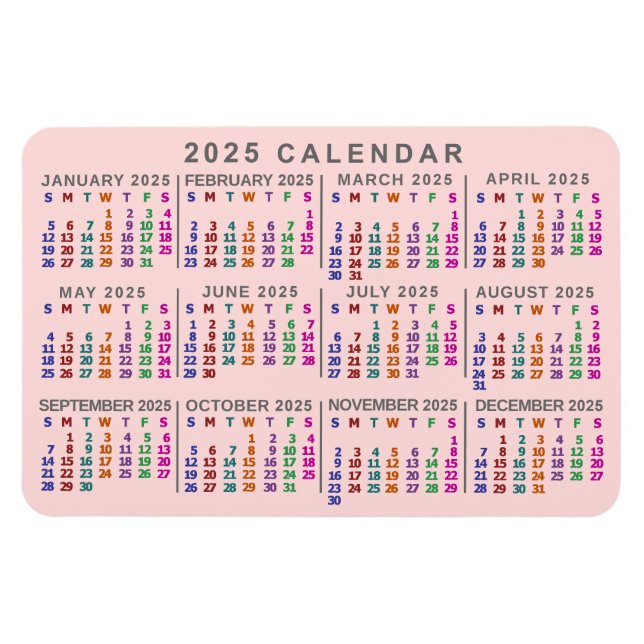2025 Year Monthly Calendar Blush Pink Colourful Magnet (Horizontal)