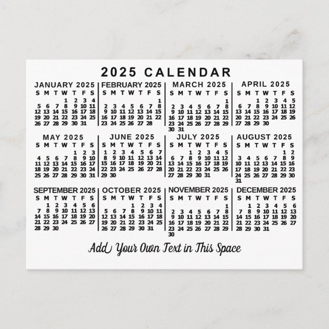 2025 Year Monthly Calendar Classic White and Black Postcard (Front)