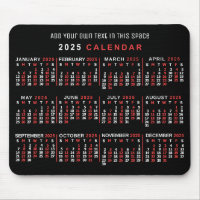 2025 Year Monthly Calendar Custom Black Red White