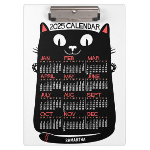 2025 Year Monthly Calendar Mid-Century Black Cat Clipboard