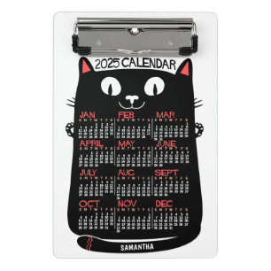 2025 Year Monthly Calendar Mid-Century Black Cat Mini Clipboard