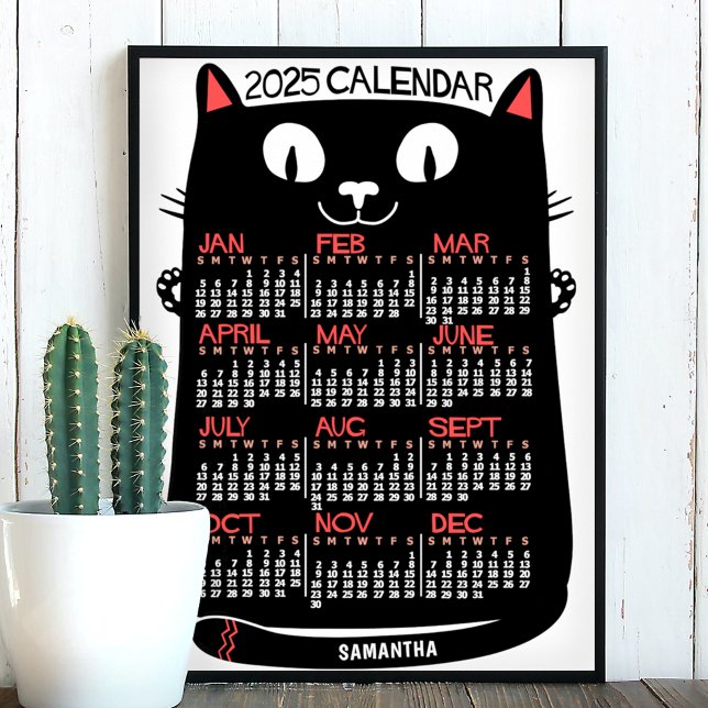 2025 Year Monthly Calendar Mid-Century Black Cat Poster (Creator Uploaded)