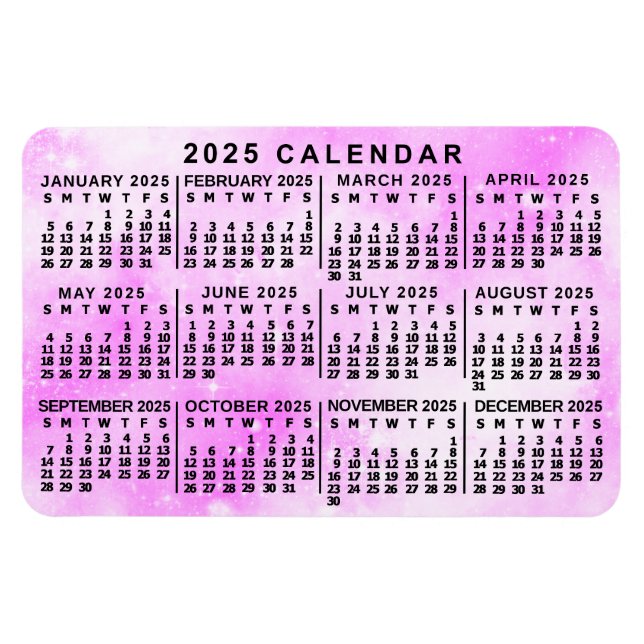 2025 Year Monthly Calendar Pink Watercolor Stars Magnet (Horizontal)