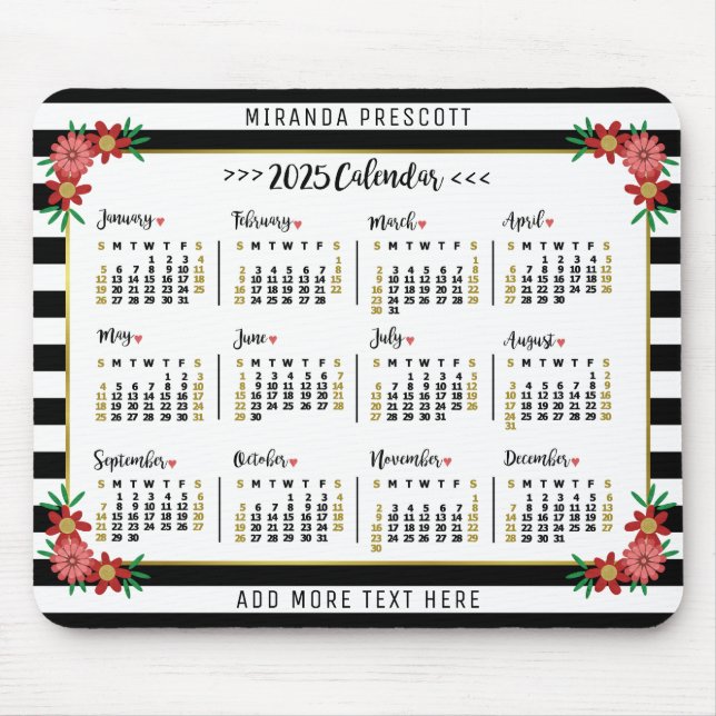 2025 Year Monthly Calendar | Preppy Floral Stripes Mouse Pad (Front)