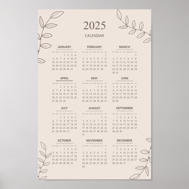 2025 Yearly Calendar Floral Line Art Minimalist  Poster (Front)