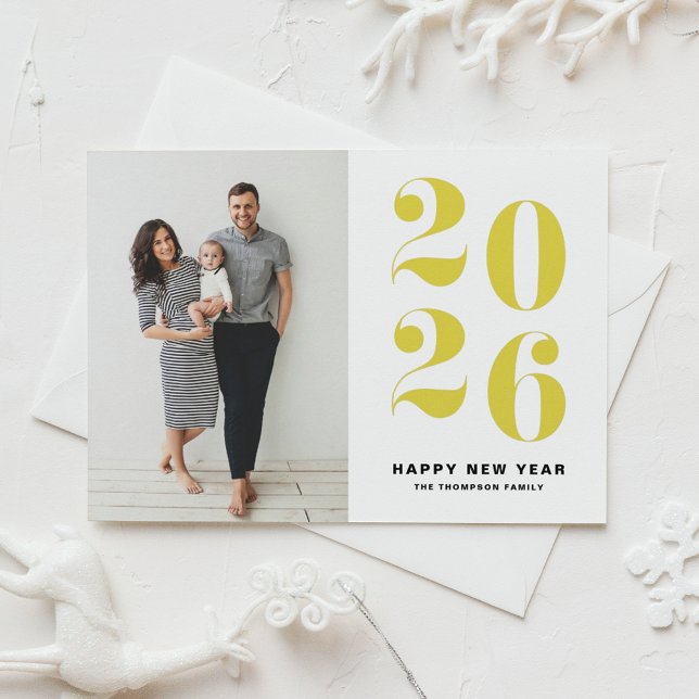 2025 Yellow Bold Typography New Year Photo Holiday Postcard (Ring in 2026 with this Happy New Year Photo Postcard featuring 2026 in yellow retro bold typography.)